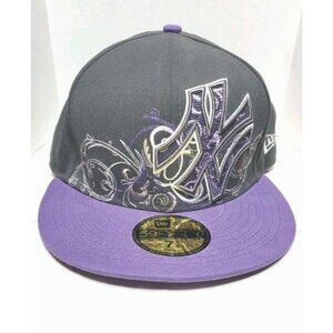 New York Yankees New Era Baseball Cap Fitted Sz 7 1/8 Purple Black Graffiti PIMP